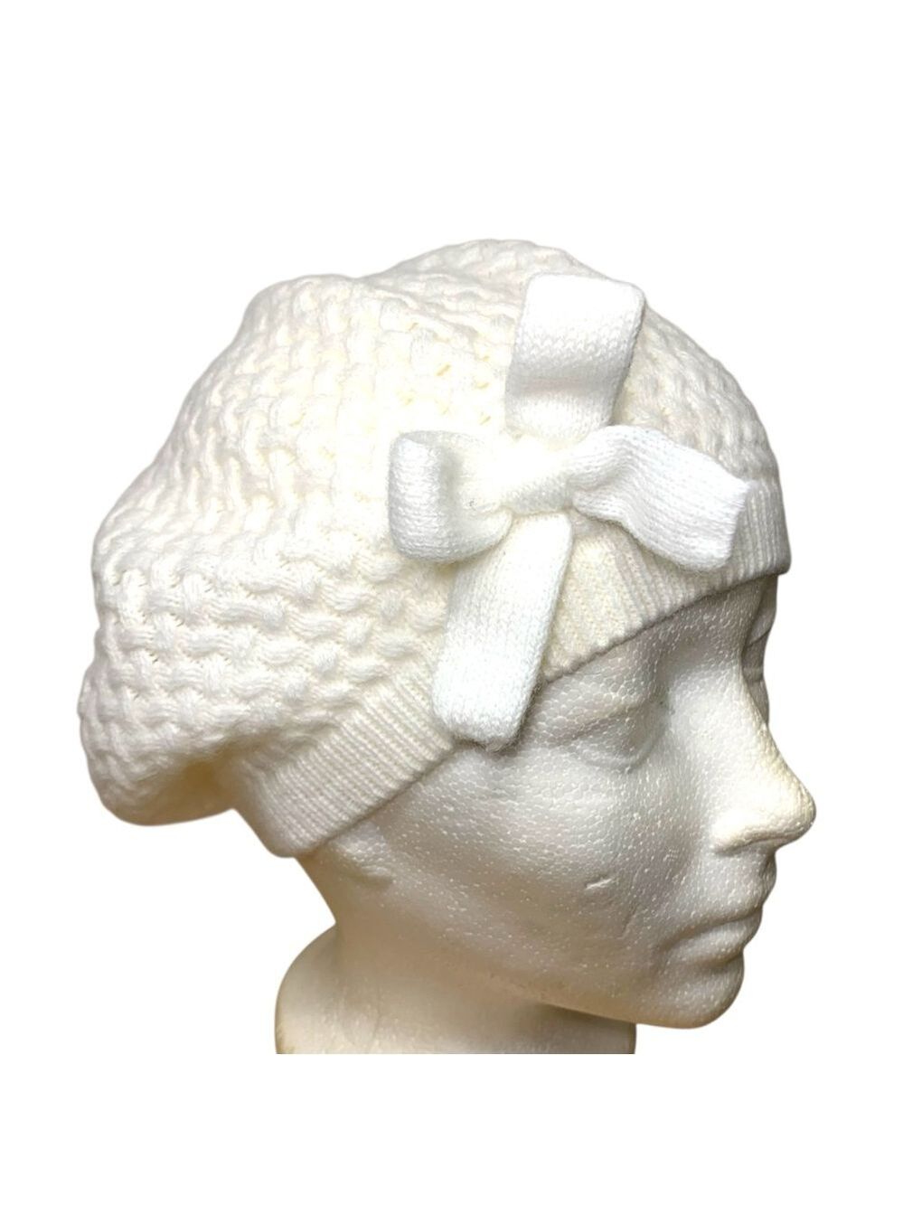 White Knit Beanie with Bow One Size Feminine Beret